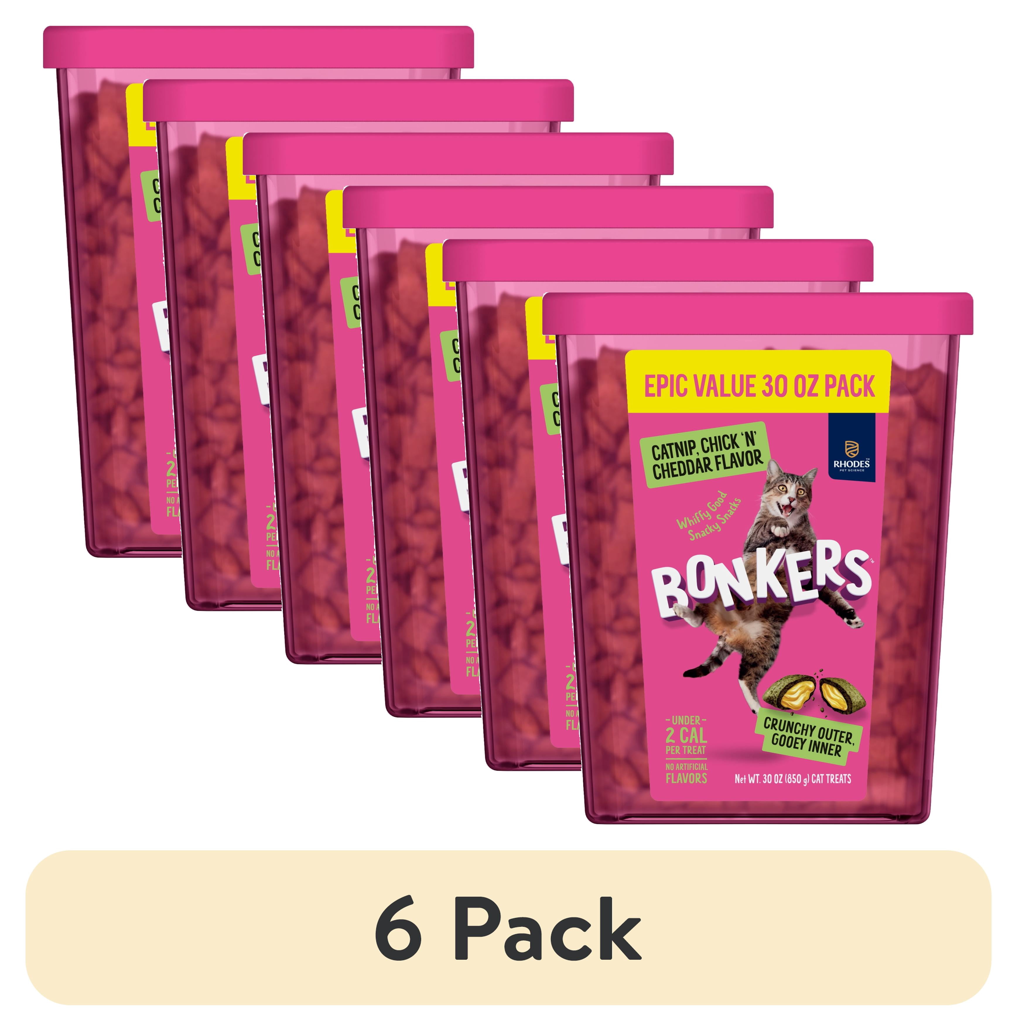 (6 pack) BONKERS Bites Catnip & Chick 'N' Cheddar Flavor Crunchy & Soft Treats for Cats, 30oz Tub
