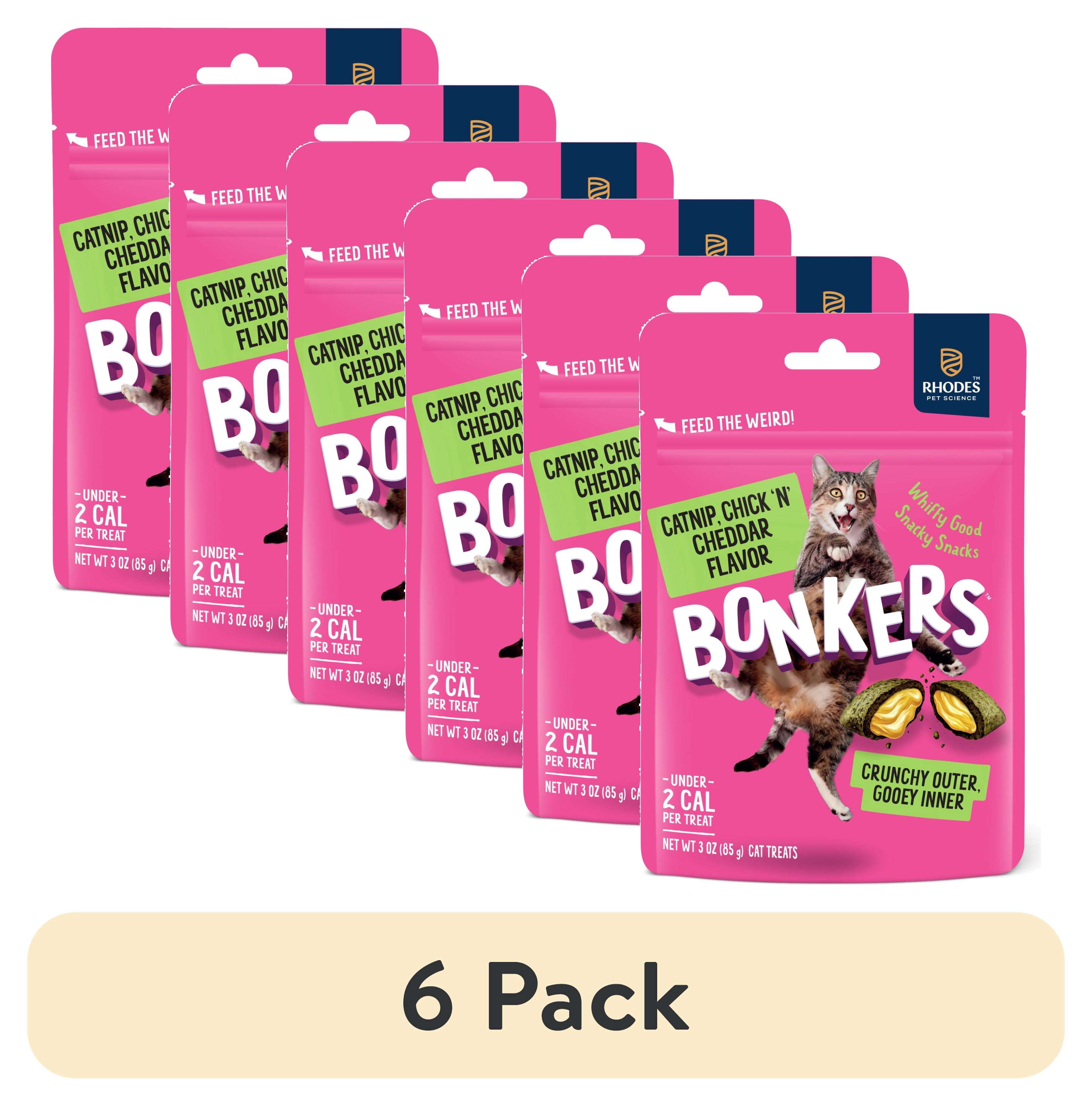 (6 pack) BONKERS Bites Catnip & Chick 'N' Cheddar Flavor Crunchy & Soft Treats for Cats, 3oz Bag