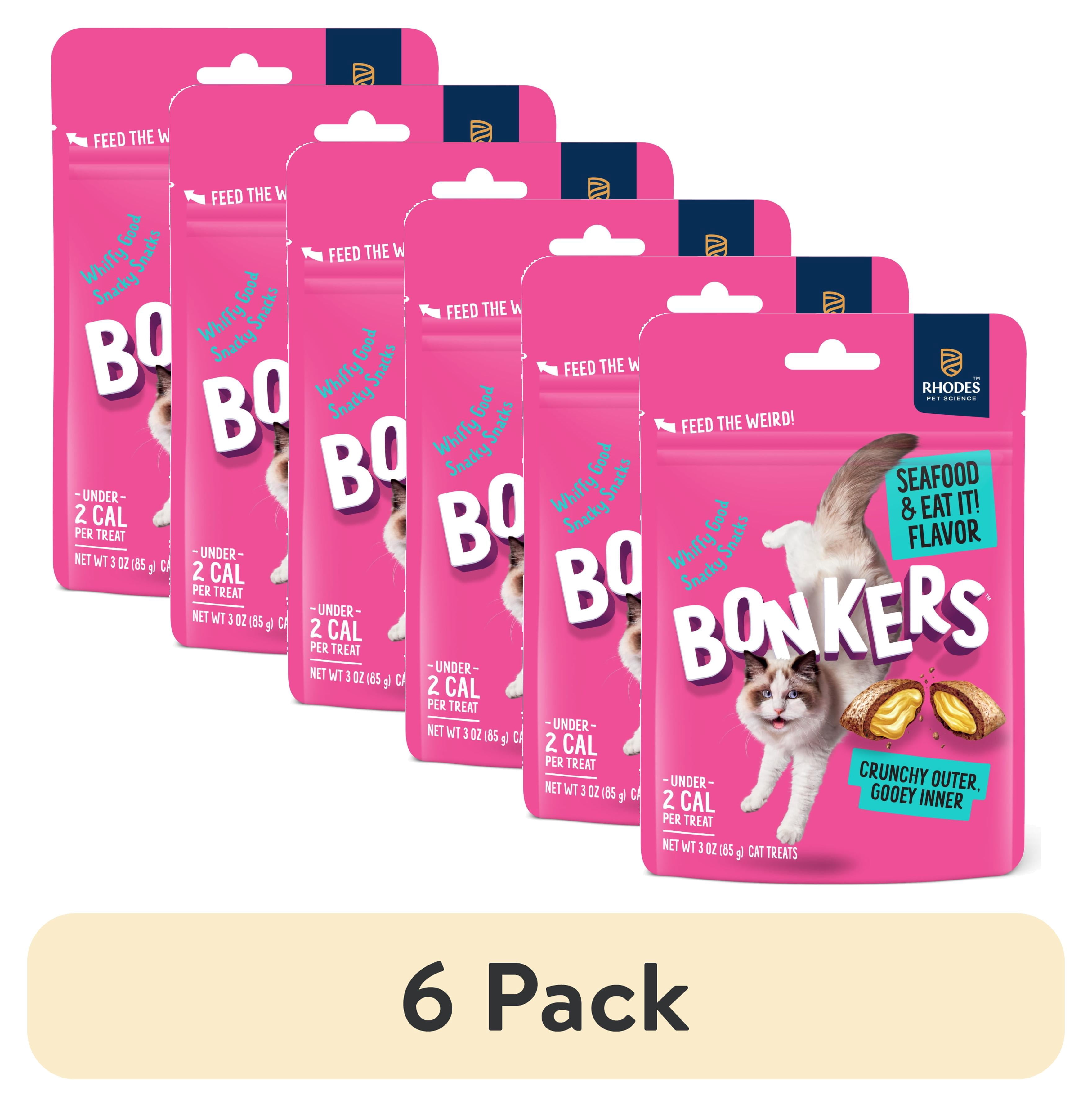 (6 pack) BONKERS Bites Seafood & Eat It Flavor Crunchy & Soft Treats for Cats, 3oz Bag
