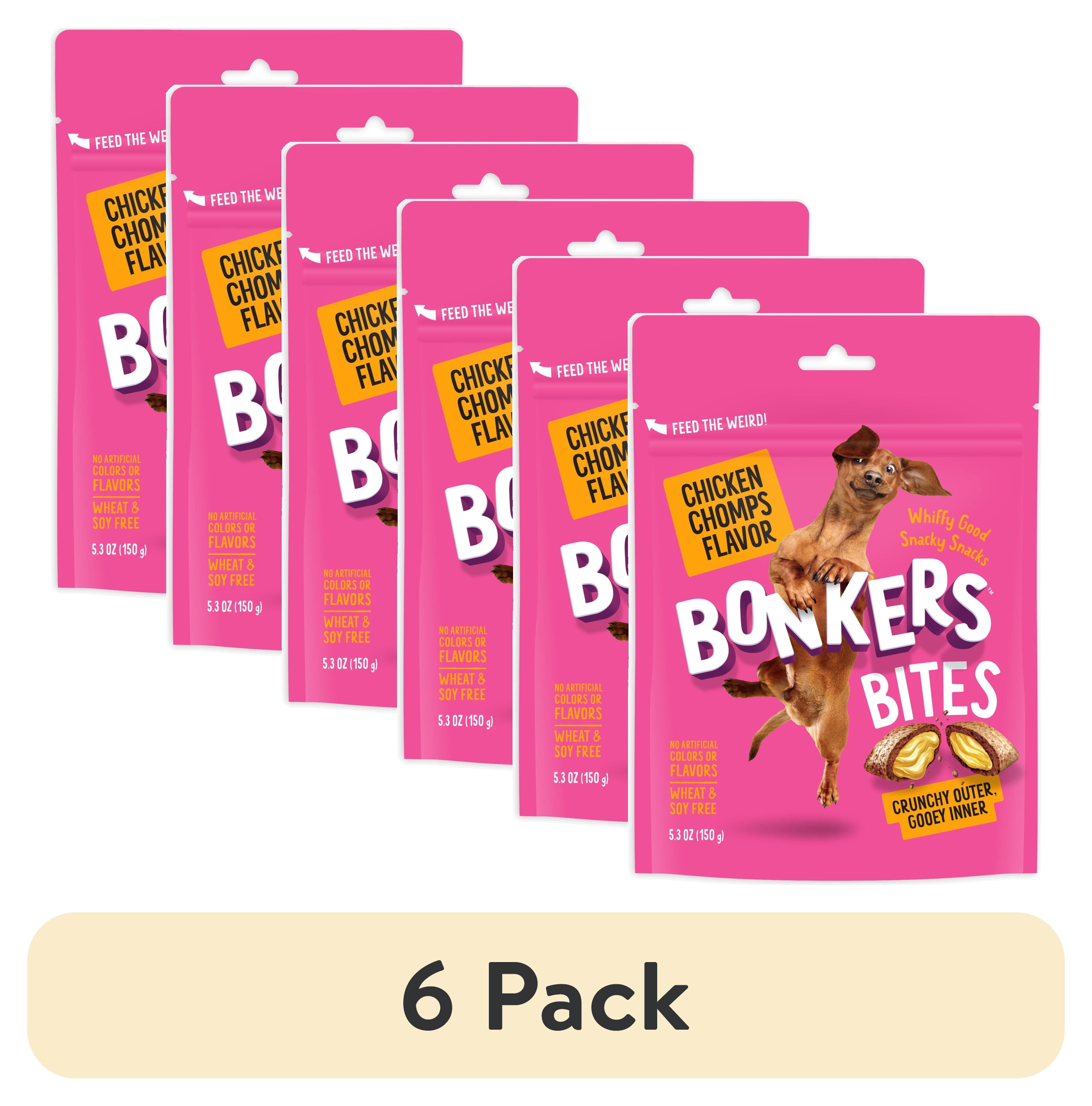 (6 pack) BONKERS Bites Chicken Chomps Flavor Crunchy & Soft Treats for Dogs, 5.3oz Bag
