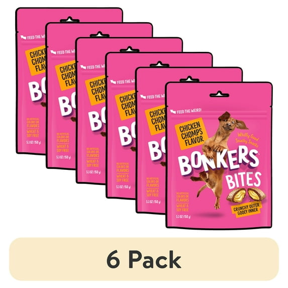 (6 pack) BONKERS Bites Chicken Chomps Flavor Crunchy & Soft Treats for Dogs, 5.3oz Bag