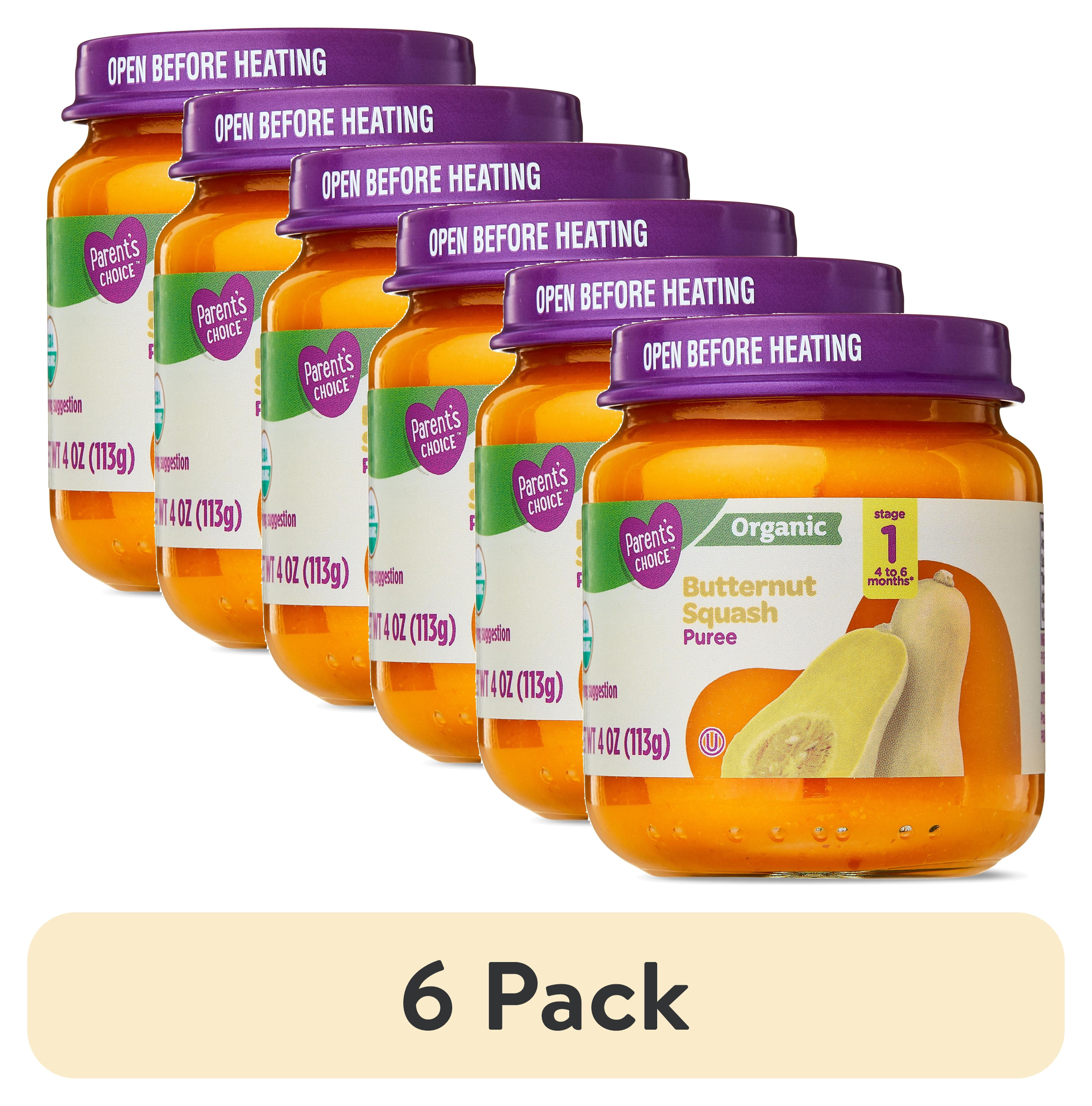 (6 pack) Parent's Choice Stage 1 Baby Food Butternut Squash Puree, 4 oz Jar