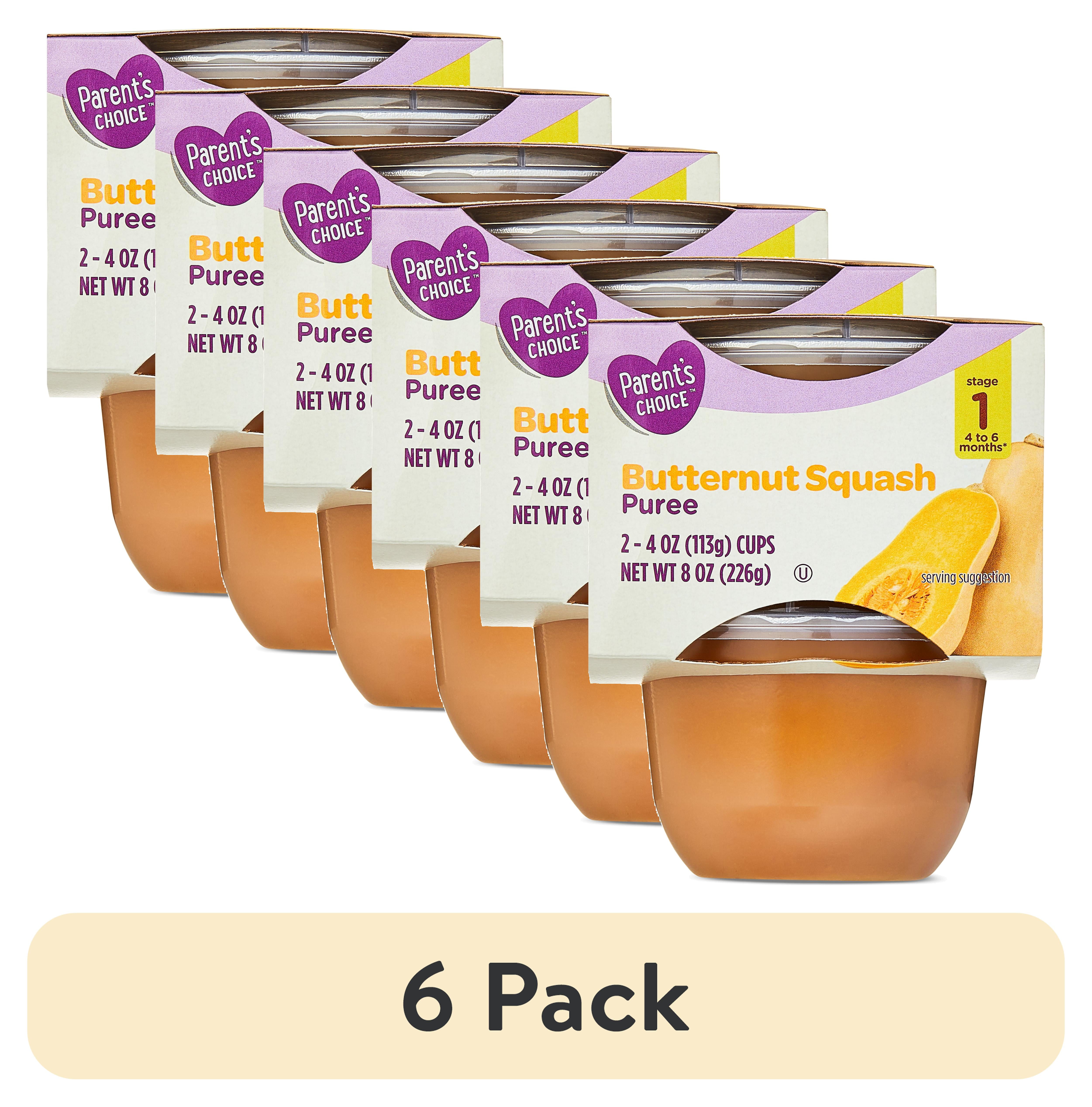 (6 pack) Parent's Choice Stage 1 Baby Food Butternut Squash Puree, 4 oz Cups, 2 Pack