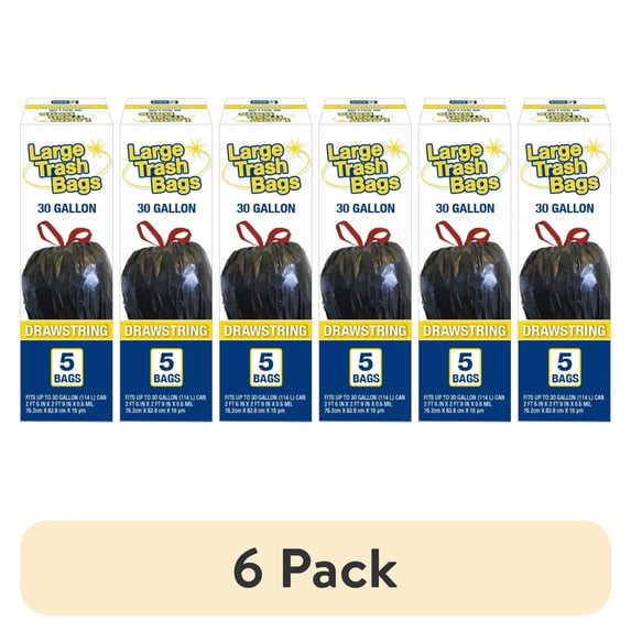 (6 pack) Basic Large Trash Bags, 30 Gallon, 5 Bags (Drawstring)