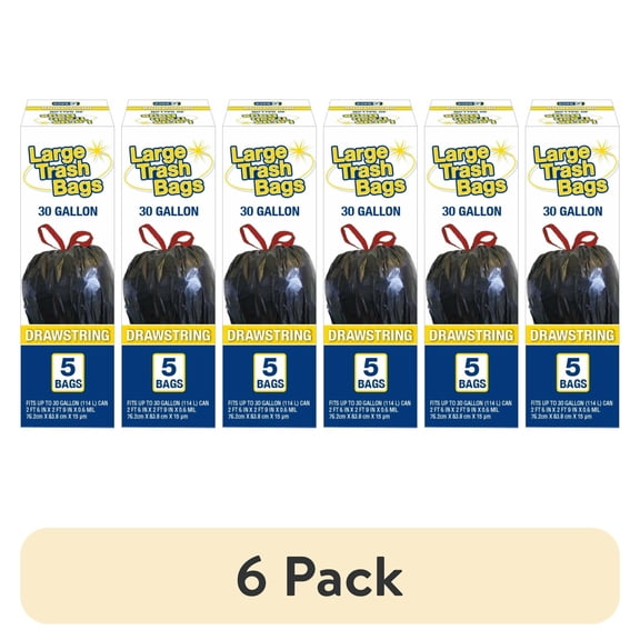 (6 pack) Basic Large Trash Bags, 30 Gallon, 5 Bags (Drawstring)
