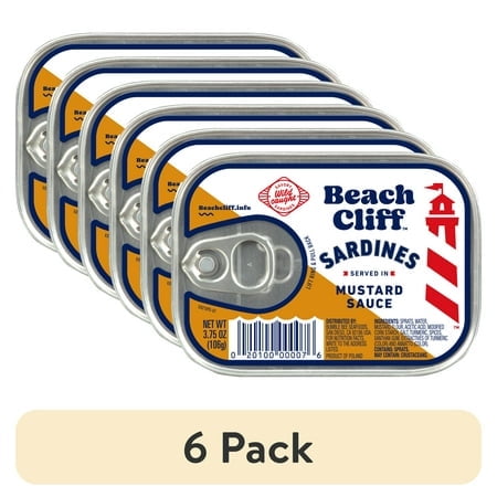 (6 pack) Beach Cliff Wild Caught Sardines in Mustard Sauce, Gluten Free, 18g Protein Per Serving, Shelf Stable Tin Can, 3.75 oz
