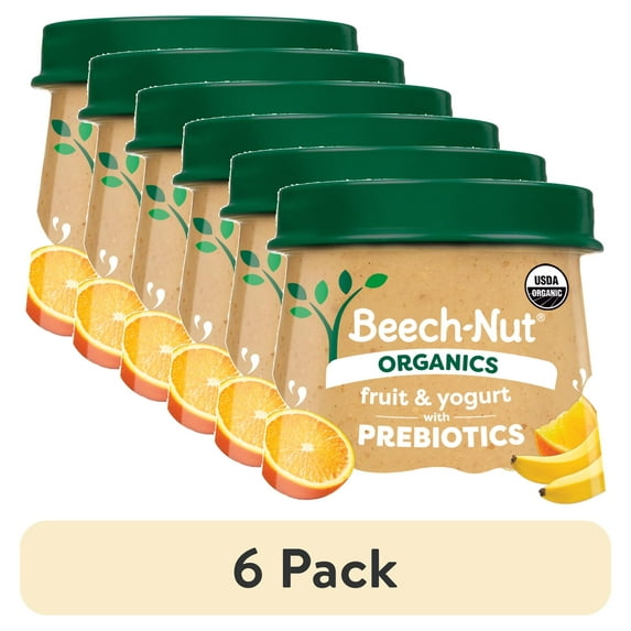 (6 pack) Beech-Nut Organics Fruit & Yogurt Baby Food + Prebiotics, Banana Orange, Stage 2, 4oz Jar