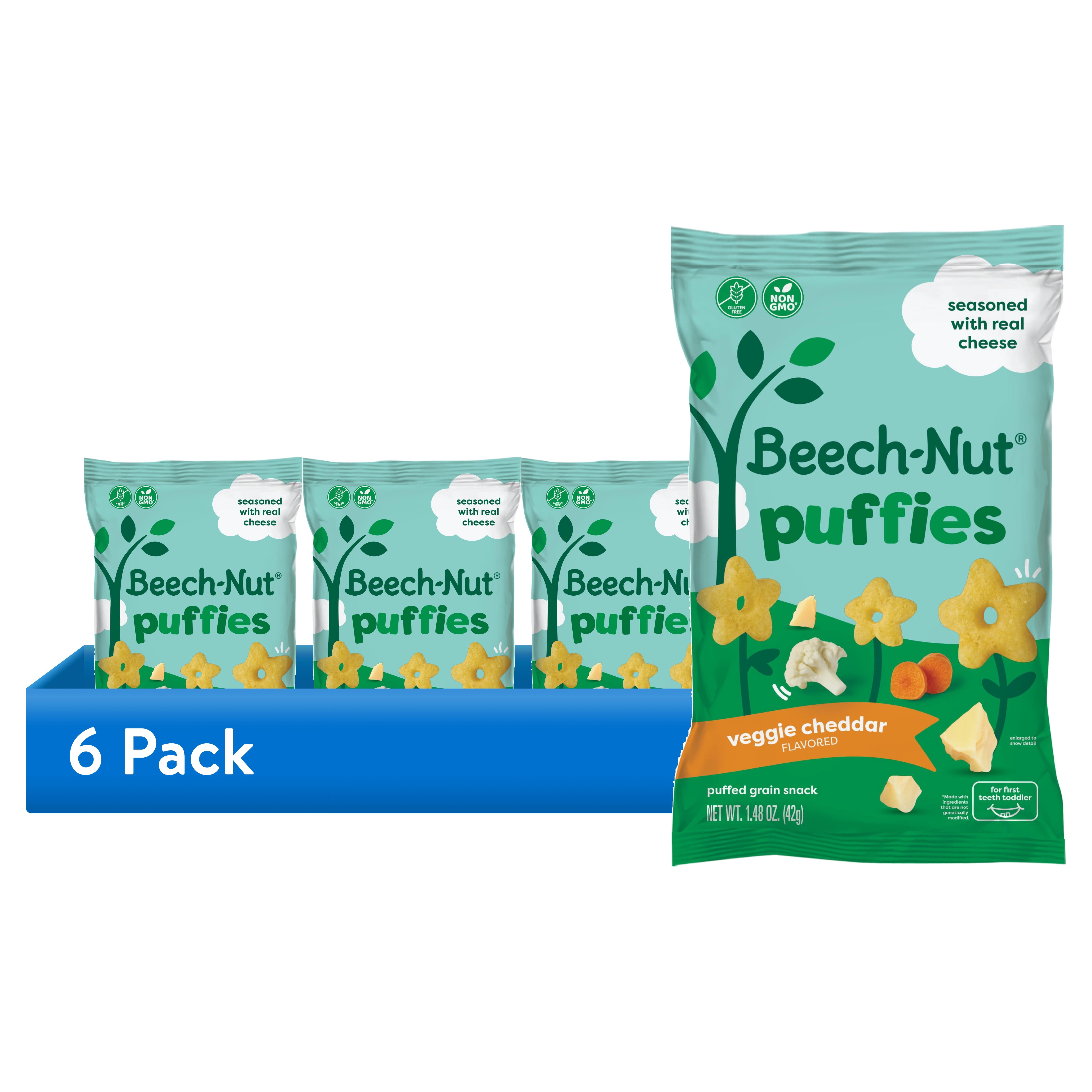 (6 pack) Beech-Nut Puffies Veggie Cheddar Whole Grain Toddler Snack Puffs, 1.48 oz Bag