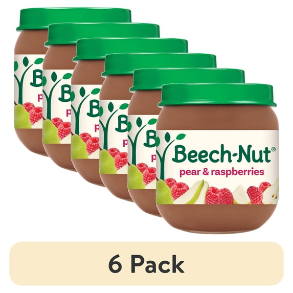 (6 pack) Beech-Nut Stage 2 Baby Food, Pear & Raspberries, 4 oz Jar