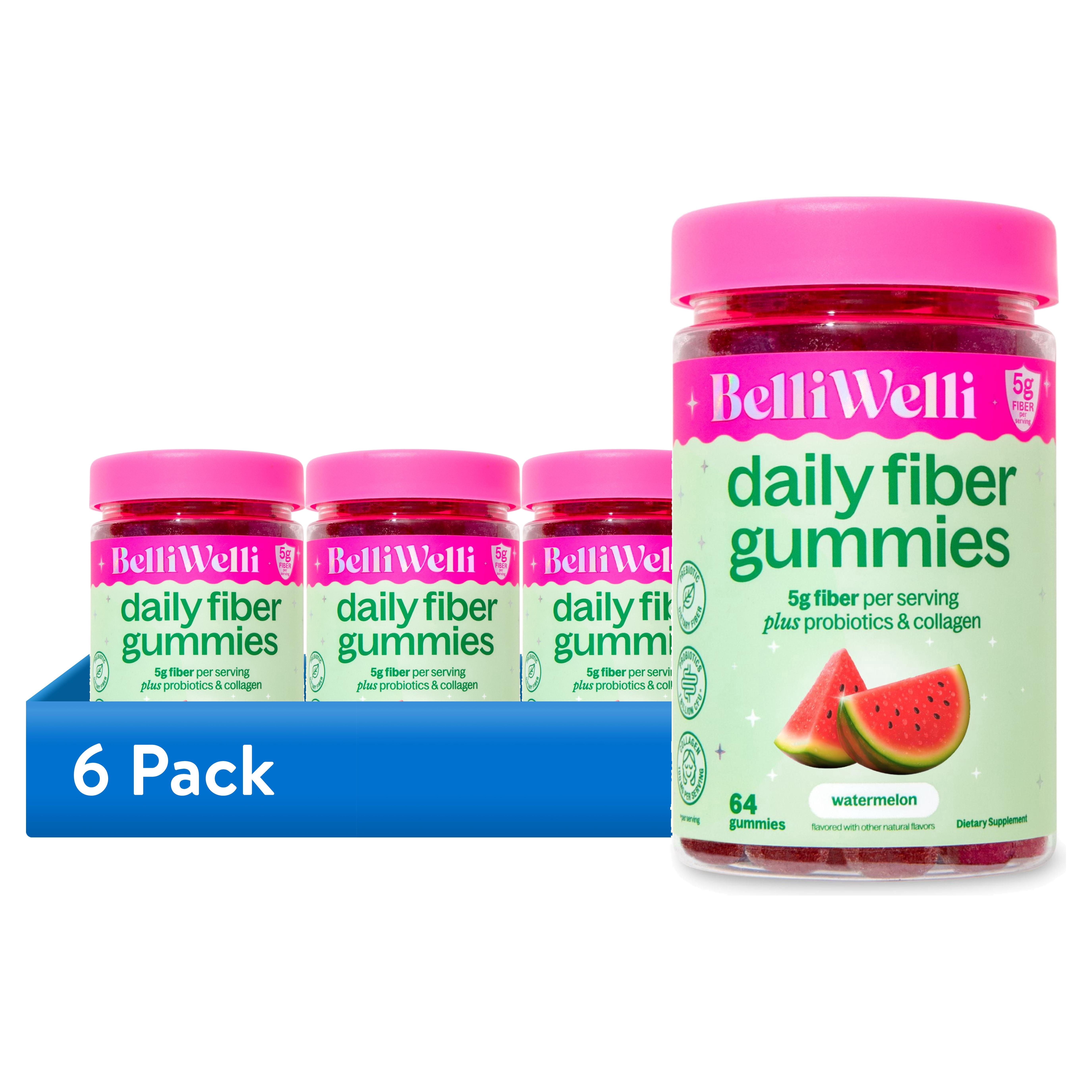 (6 pack) BelliWelli Daily Fiber Gummy Supplement with Probiotics, and Collagen - Watermelon 64 Count