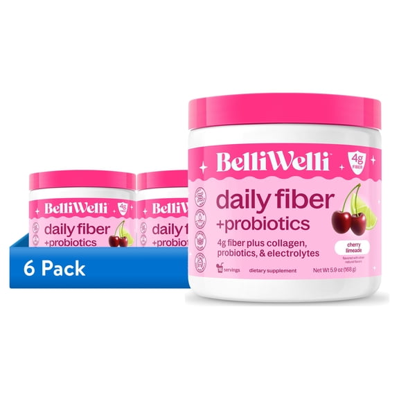(6 pack) BelliWelli 4-in-1 Daily Fiber Supplement, Probiotics, Collagen & Electrolytes, Cherry Limeade
