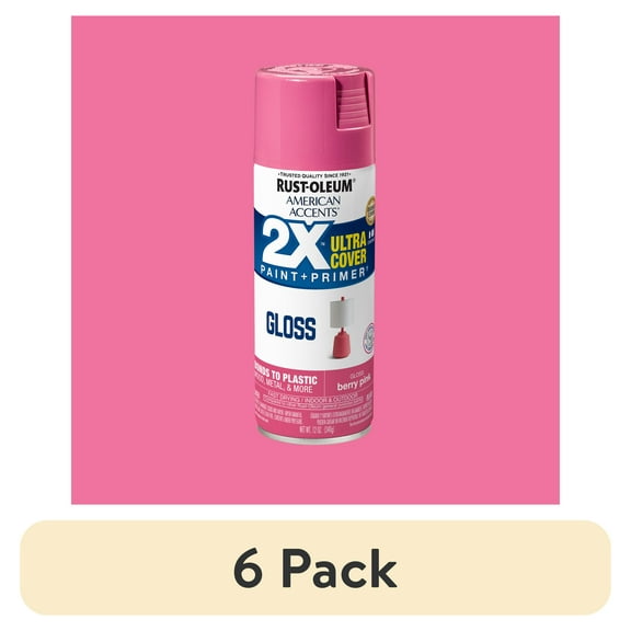 (6 pack) Berry Pink, Rust-Oleum American Accents 2X Ultra Cover Gloss Spray Paint-327876, 12 oz