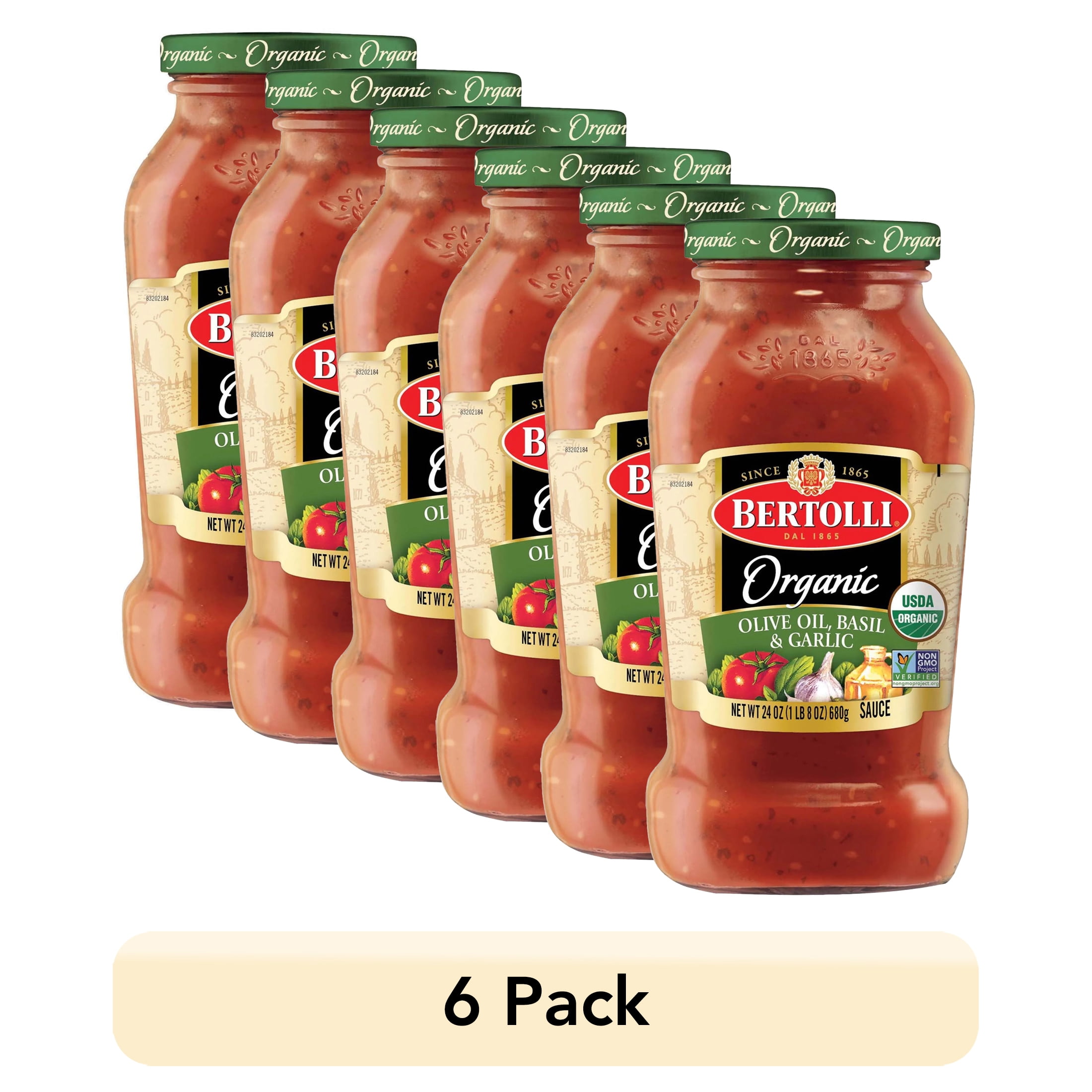 (6 pack) Bertolli Organic Olive Oil, Basil, and Garlic Pasta Sauce, 24 oz