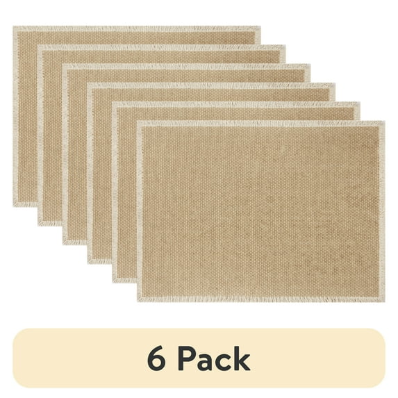 (6 pack) Better Homes & Gardens Beige Fringe Placemat 14"x20", Camel Suede/Natural, 100% Cotton