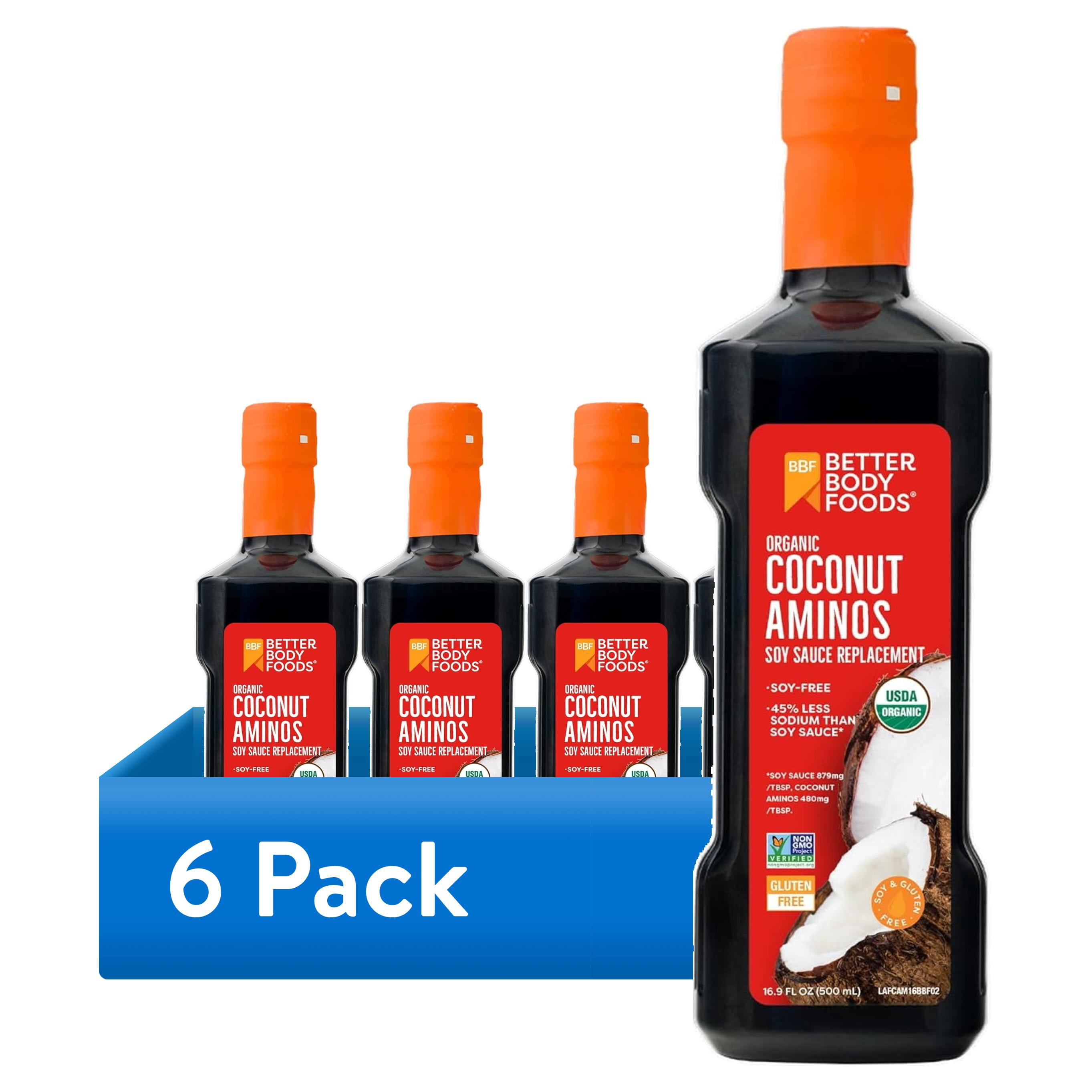 (6 pack) BetterBody Foods Organic Coconut Aminos Soy Sauce Replacement, 16.9 fl oz