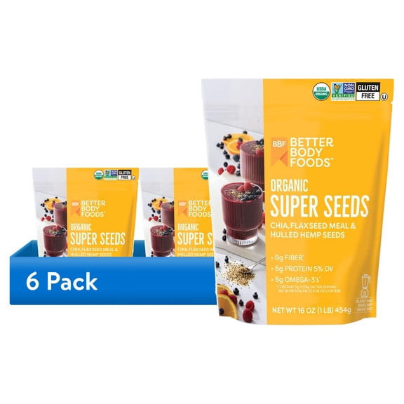 (6 pack) BetterBody Foods Organic Super Seeds, Chia Seeds, Flaxseed Meal, & Hemp Seeds, 16 oz