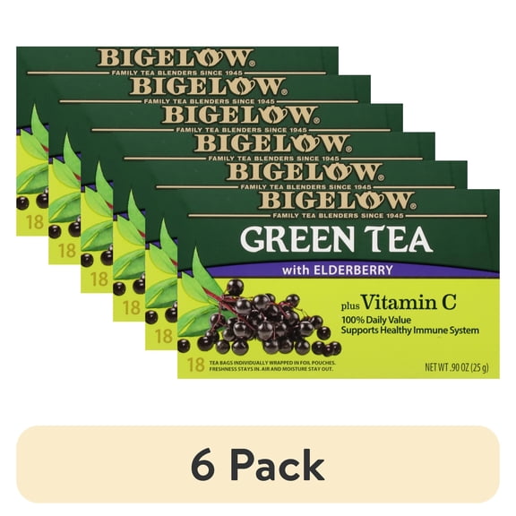 (6 pack) Bigelow Green Tea with Elderberry, Plus Vitamin C, Tea Bags, 18 Count