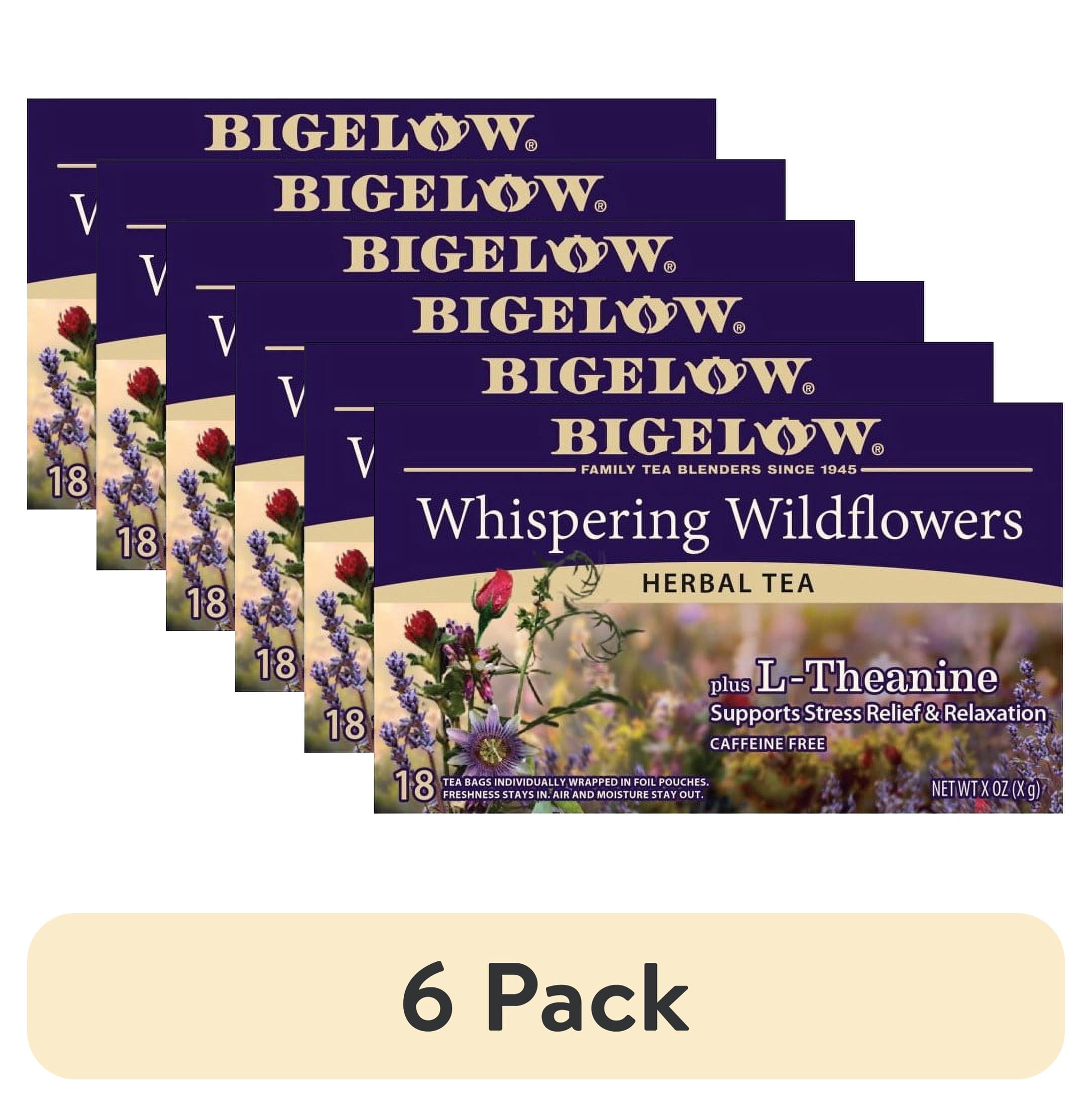 (6 pack) Bigelow Whispering Wildflowers Plus L-Theanine, Caffeine-Free Herbal Tea Bags, 18 Count