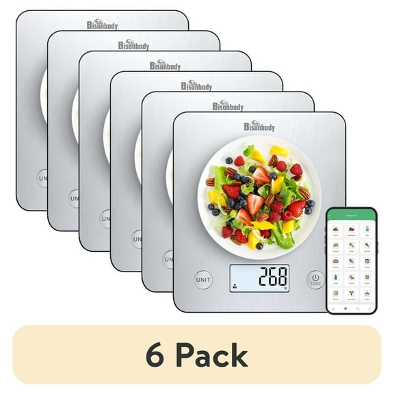 (6 pack) Bisonbody Digital Food Kitchen Scale with Smart App â Large Kitchen Scale with 201 Stainless Steel Surface 5 Unit Conversions â Digital Kitchen Scale App to Track Nutritional Information