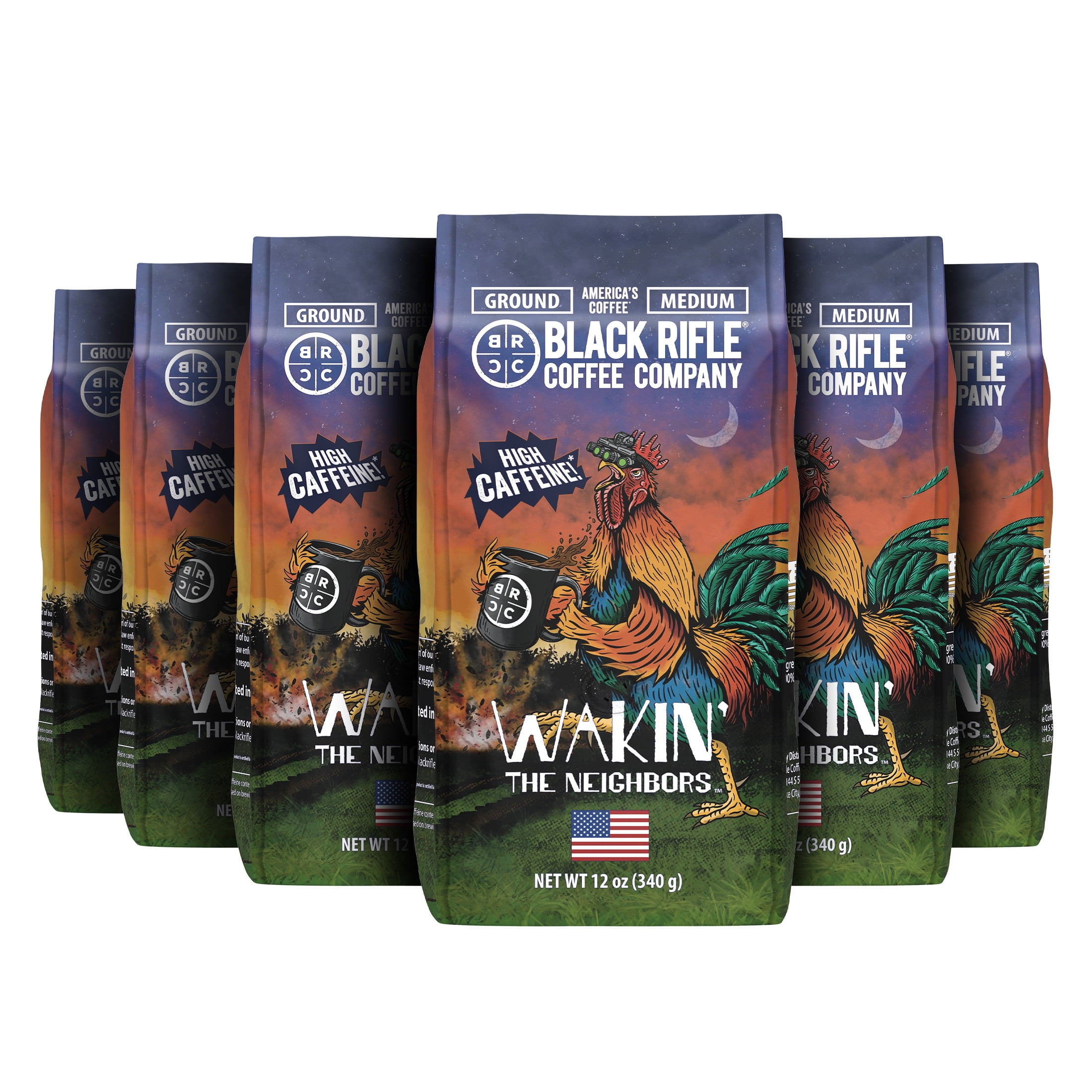 (6 pack) Black Rifle Coffee Company Wakin the Neighbors Extra High Caffeine, Medium Roast, Ground Coffee, 12 oz