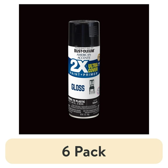 (6 pack) Black, Rust-Oleum American Accents 2X Ultra Cover Gloss Spray Paint-327870, 12 oz
