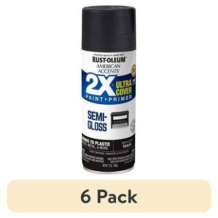 (6 pack) Black, Rust-Oleum American Accents 2X Ultra Cover, Semi-Gloss Spray Paint-327950, 12 oz