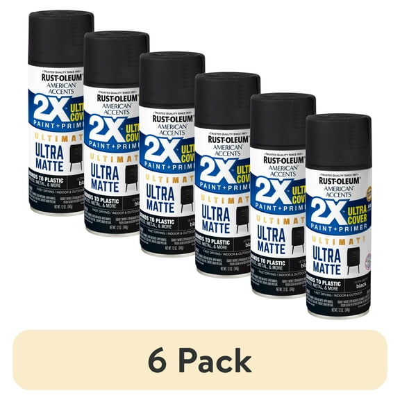 (6 pack) Black, Rust-Oleum American Accents 2X Ultra Cover Ultra Matte Spray Paint, 12 oz