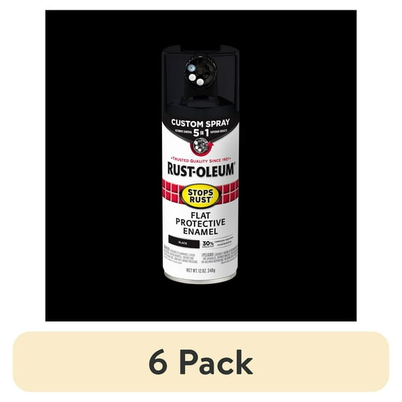 (6 pack) Black, Rust-Oleum Stops Rust Custom Sprays 5 in 1 Flat Spray Paint-376855, 12 oz