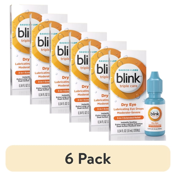 (6 pack) Blink Triple Care Lubricant Eye Drops For Moderate to Severe Dry Eye Relief and Symptoms, 0.34 fl oz