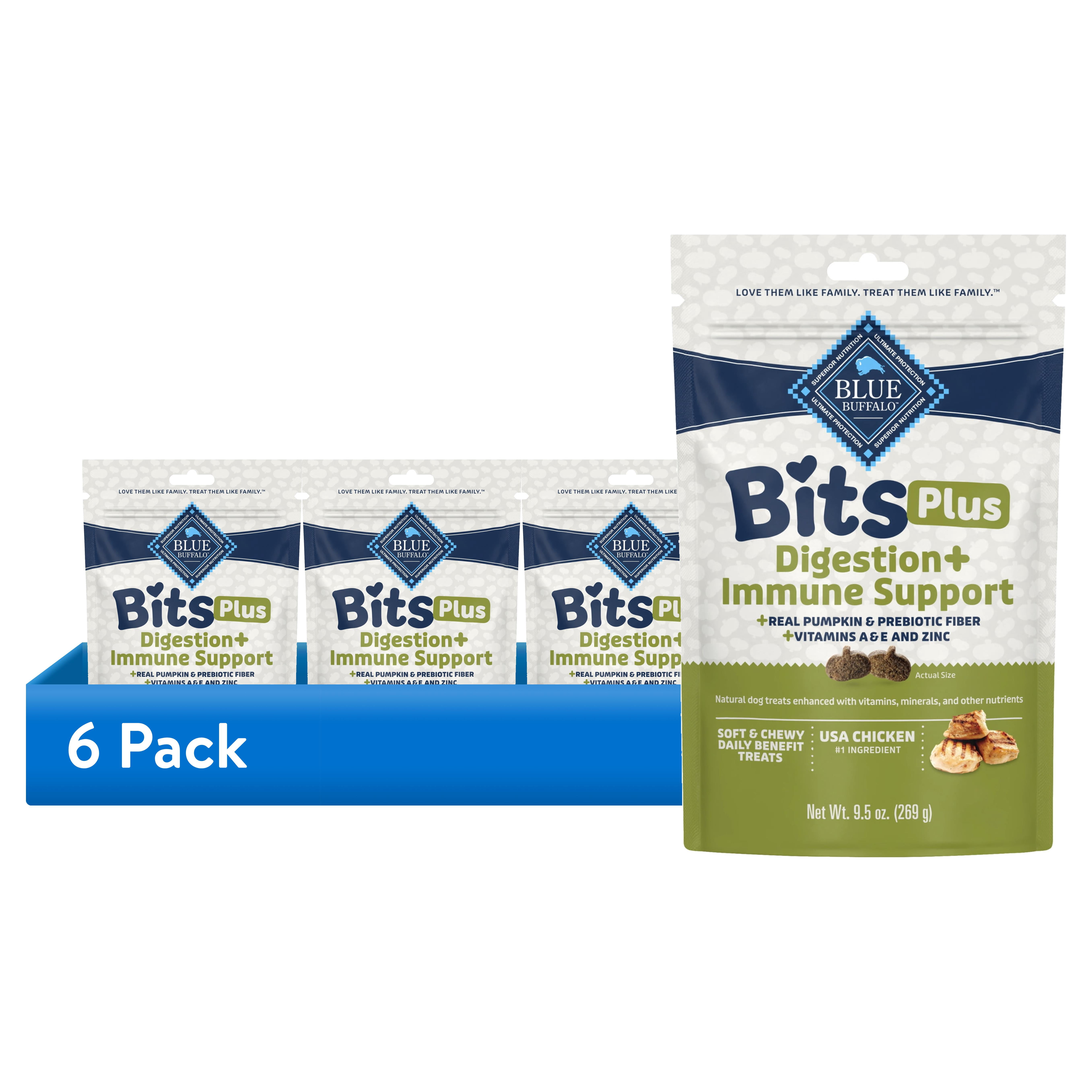 (6 pack) Blue Buffalo BLUE Bits Plus Digestion and Immune Support Daily Benefit Dog Treats, Soft & Chewy Chicken and Pumpkin Morsels, 9.5-oz. Bag