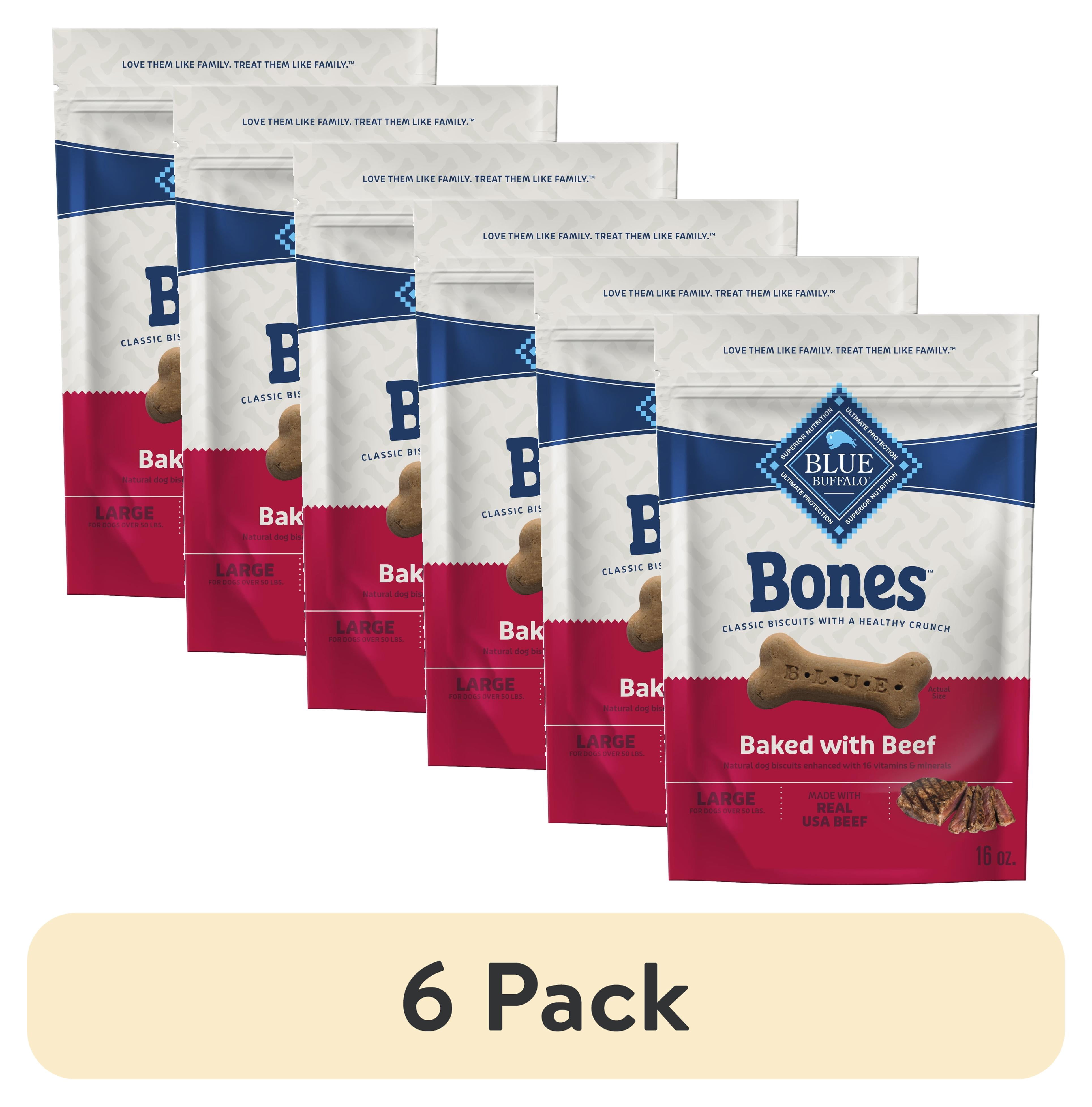 (6 pack) Blue Buffalo Bones Natural Crunchy Dog Treats, Large Dog Biscuits, Beef 16-oz
