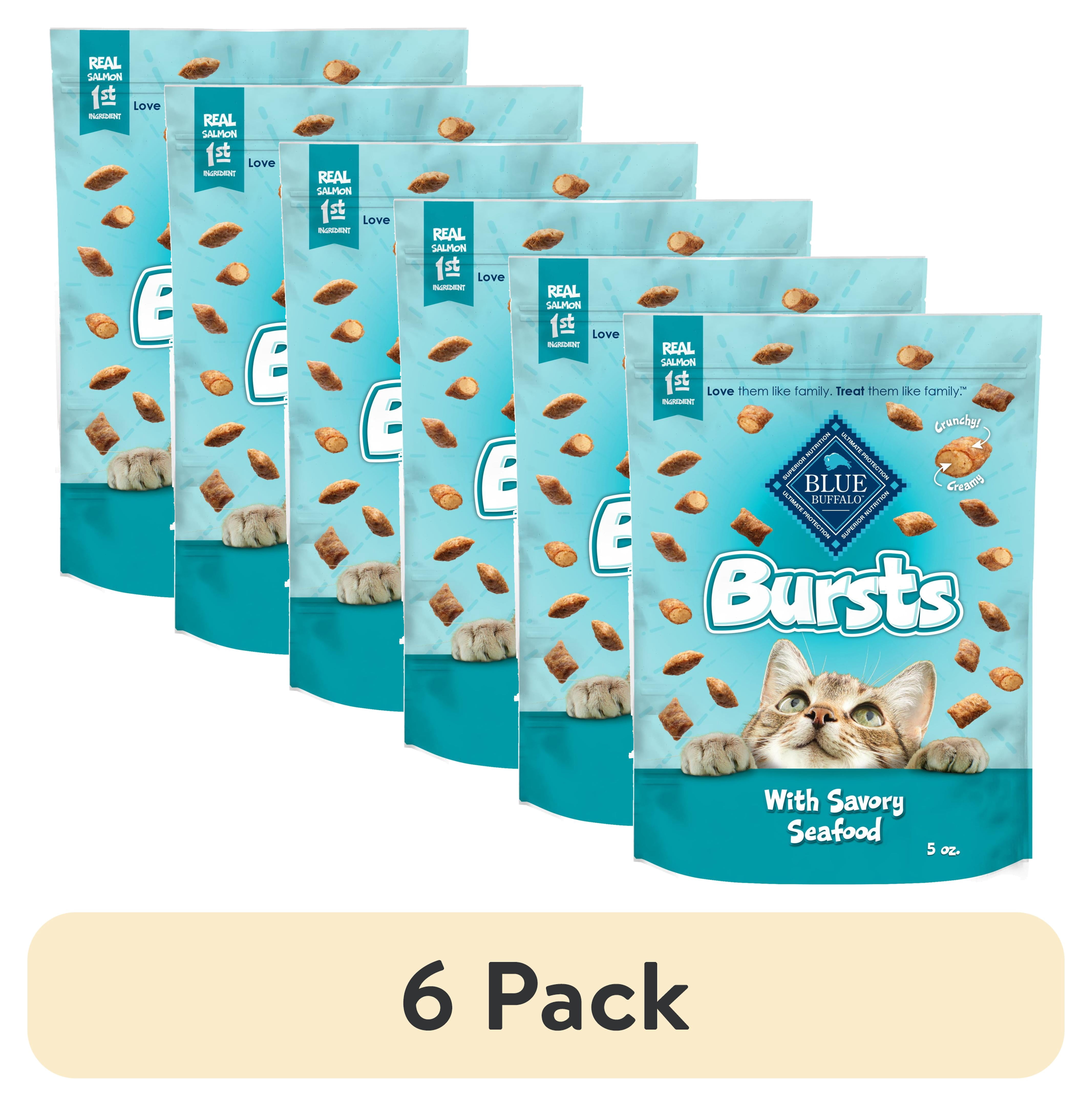 (6 pack) Blue Buffalo Bursts Crunchy & Creamy Cat Dry Treats, Great for Training, Seafood, 5-oz. Bag