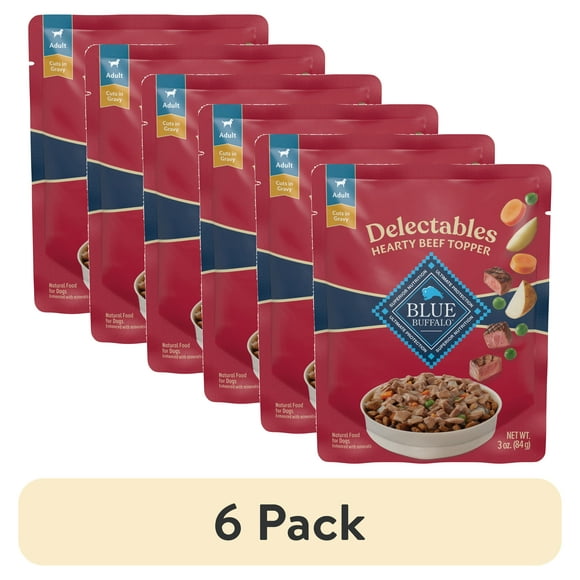 (6 pack) Blue Buffalo Delectables Natural Wet Dog Food Toppers, Hearty Beef, 3-oz Pouch