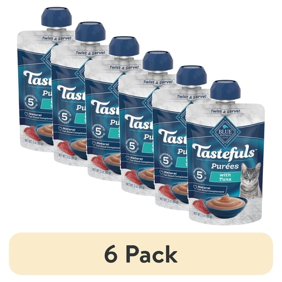 (6 pack) Blue Buffalo Tastefuls Adult Cat Natural Purées, Tuna 3-oz Resealable Twist Cap Pouch