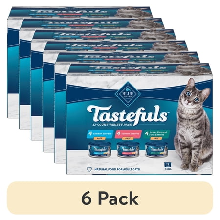 (6 pack) Blue Buffalo Tastefuls Natural Pate Wet Cat Food Variety Pack, Salmon, Chicken, Ocean Fish & Tuna Entrées 3-oz Cans (12 Count - 4 of Each Flavor)