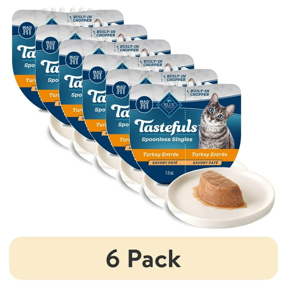 (6 pack) Blue Buffalo Tastefuls Spoonless Singles Turkey Pate Wet Cat Food for Adult Cats, 2.6-oz Twin-Pack Tray