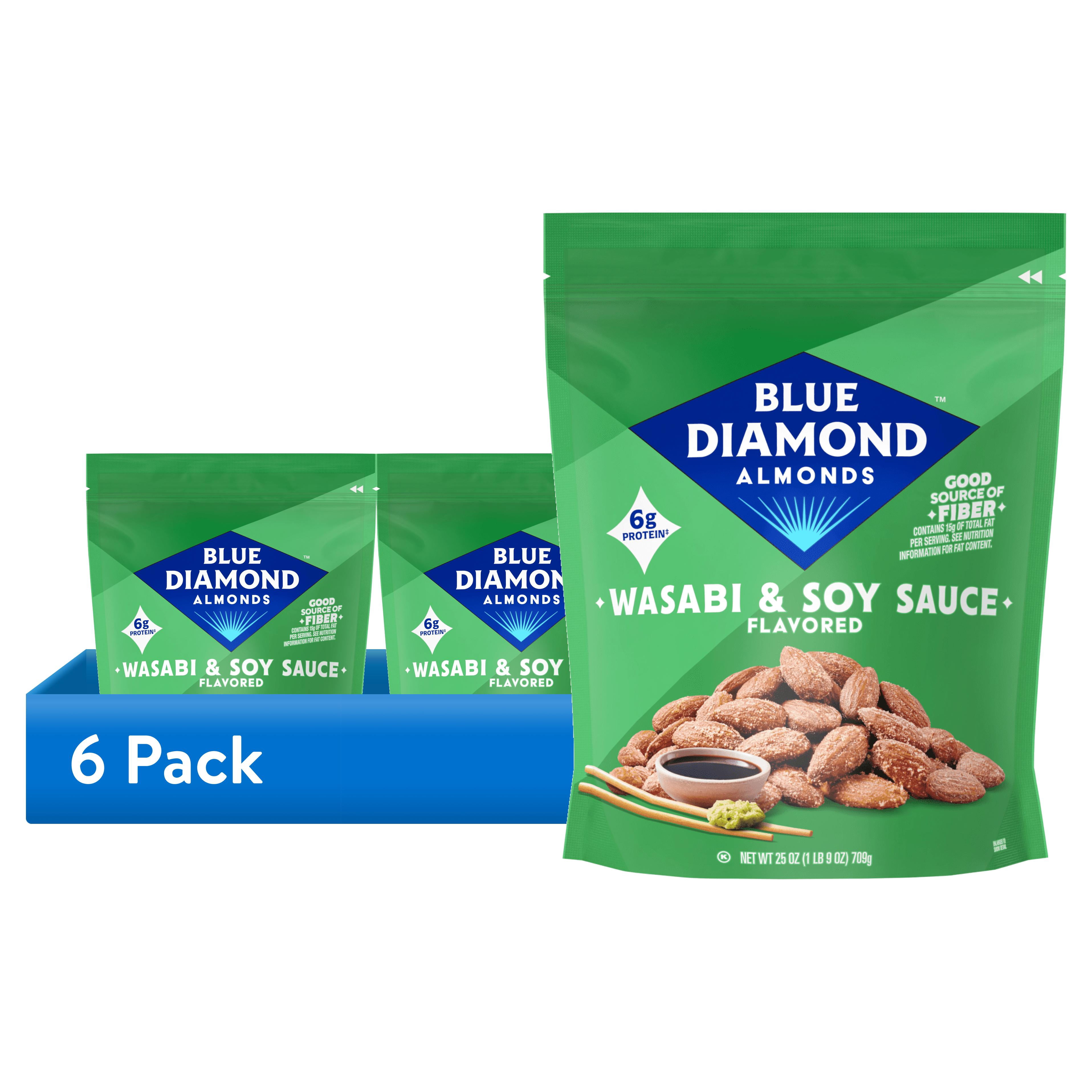 (6 pack) Blue Diamond Almonds, BOLD Flavored Wasabi & Soy Sauce Snack Nuts Perfect for Lunch, On-the-go, Healthy Options, 25oz Bag