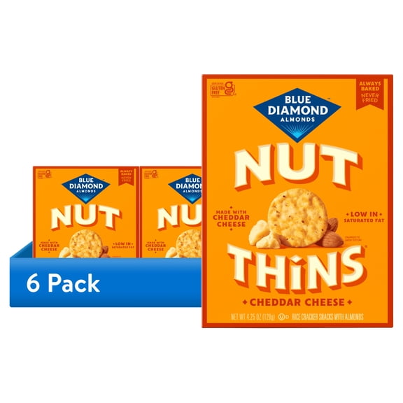 (6 pack) Blue Diamond Almonds Nut-Thins, Cheddar Cheese, Snack Crackers, Gluten-Free, 4.25oz Cardboard Box