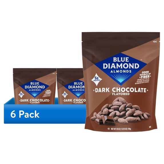 (6 pack) Blue Diamond Almonds Oven Roasted Dark Chocolate Flavored Almonds, 25 oz.