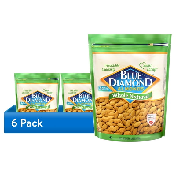 (6 pack) Blue Diamond Almonds, Whole Natural Raw Almonds Perfect for Gluten Free Snacking, 25 oz.