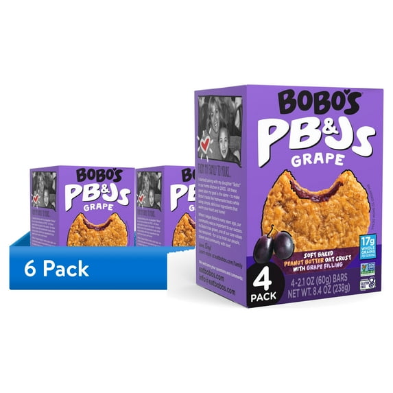 (6 pack) Bobo's PB&Js Grape, Peanut Butter Oat Crust Snack Bars, Gluten Free, 4 Count, 2.1 oz Each