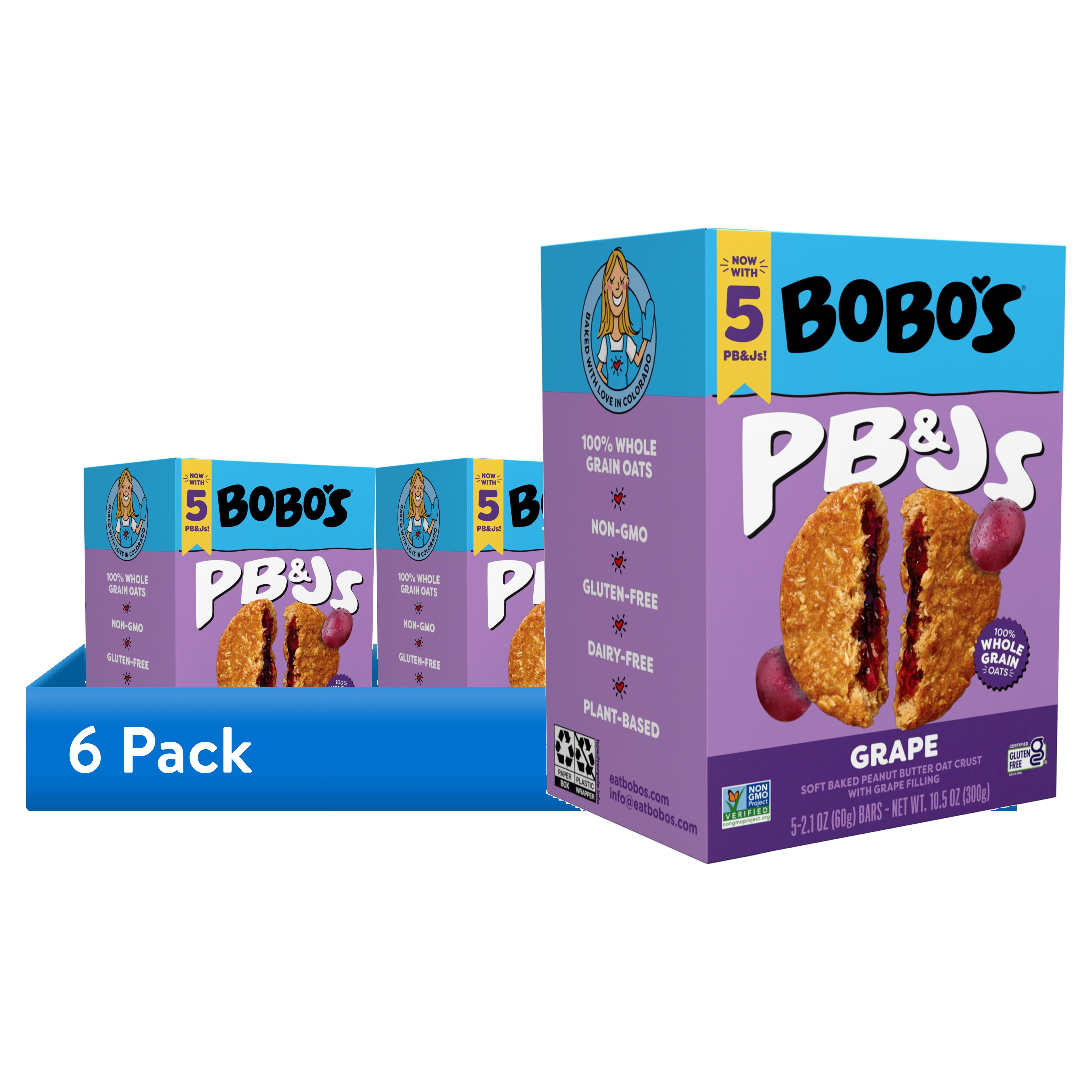 (6 pack) Bobo's PB&Js, Peanut Butter Oat Crust With Grape Filling, 5 Pack of 2.1oz oat snacks