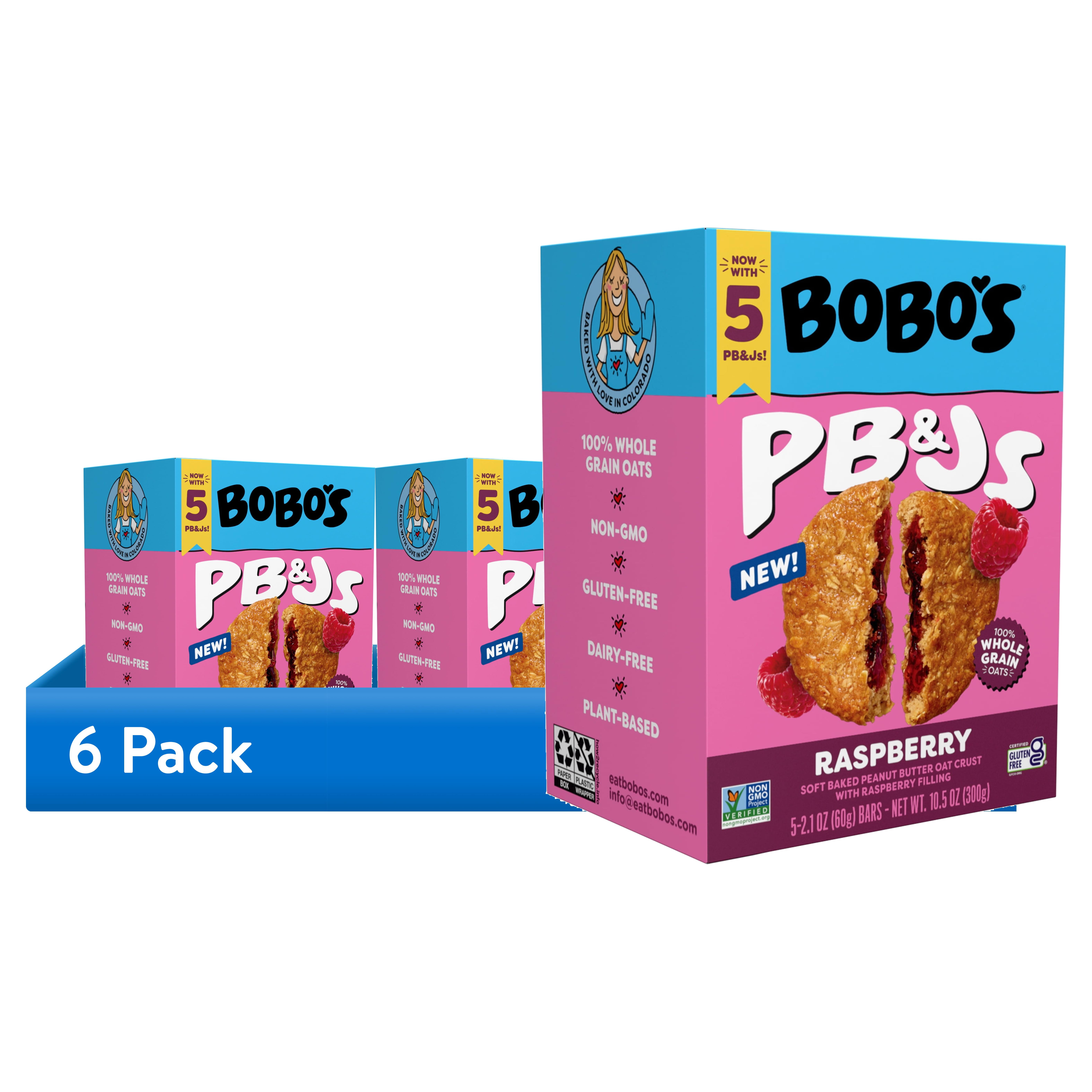 (6 pack) Bobo's PB&Js, Peanut Butter Oat Crust With Raspberry Filling, 5 Pack of 2.1oz oat snacks