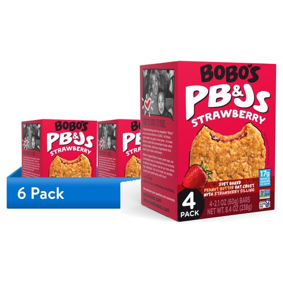(6 pack) Bobo's PB&Js, Peanut Butter Oat Crust With Strawberry Filling, 4 Pack of 2.1oz oat snacks
