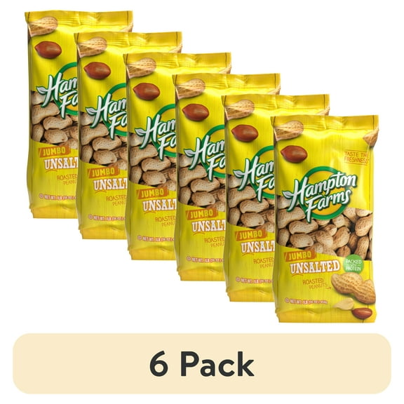 (6 pack) Hampton Farms Unsalted Roasted Jumbo Virginia Peanut Bag, 16 oz