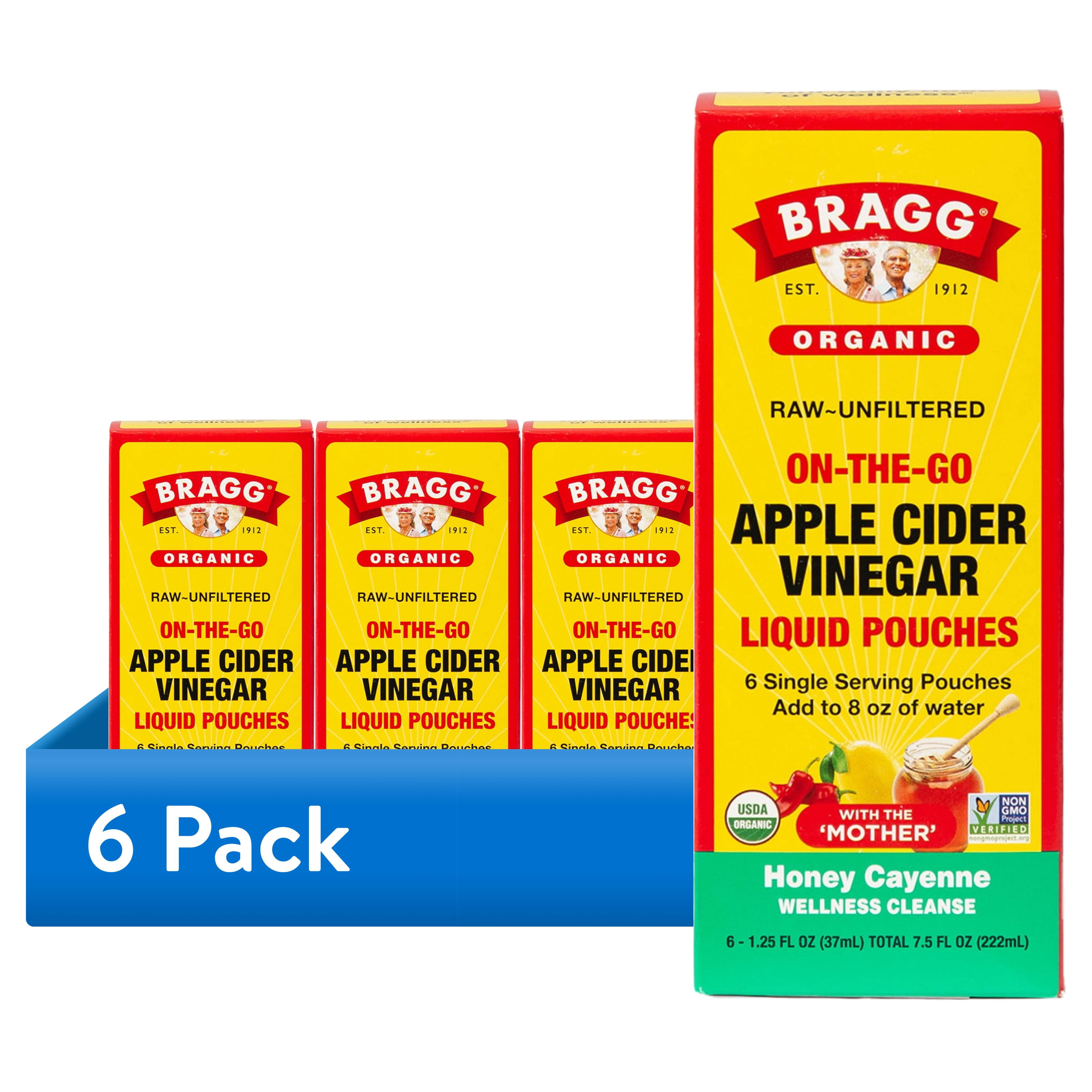 (6 pack) Bragg On-the-Go Organic Apple Cider Vinegar Honey Cayenne Pouches, 1.25 fl oz, 6 Pack