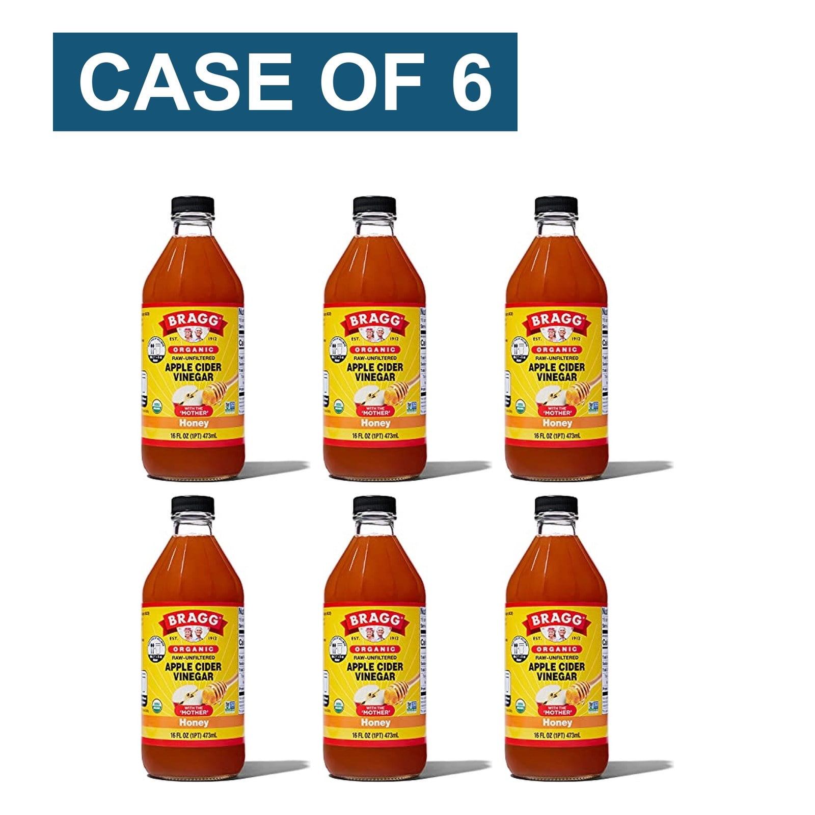 (6 pack) Bragg Organic Apple Cider Vinegar Honey with The Mother, Raw and Unfiltered, 16 fl oz