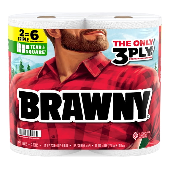 (6 pack) Brawny Tear-a-Square 3-Ply Paper Towels, 2 Triple Rolls, 114 Sheets Per Roll