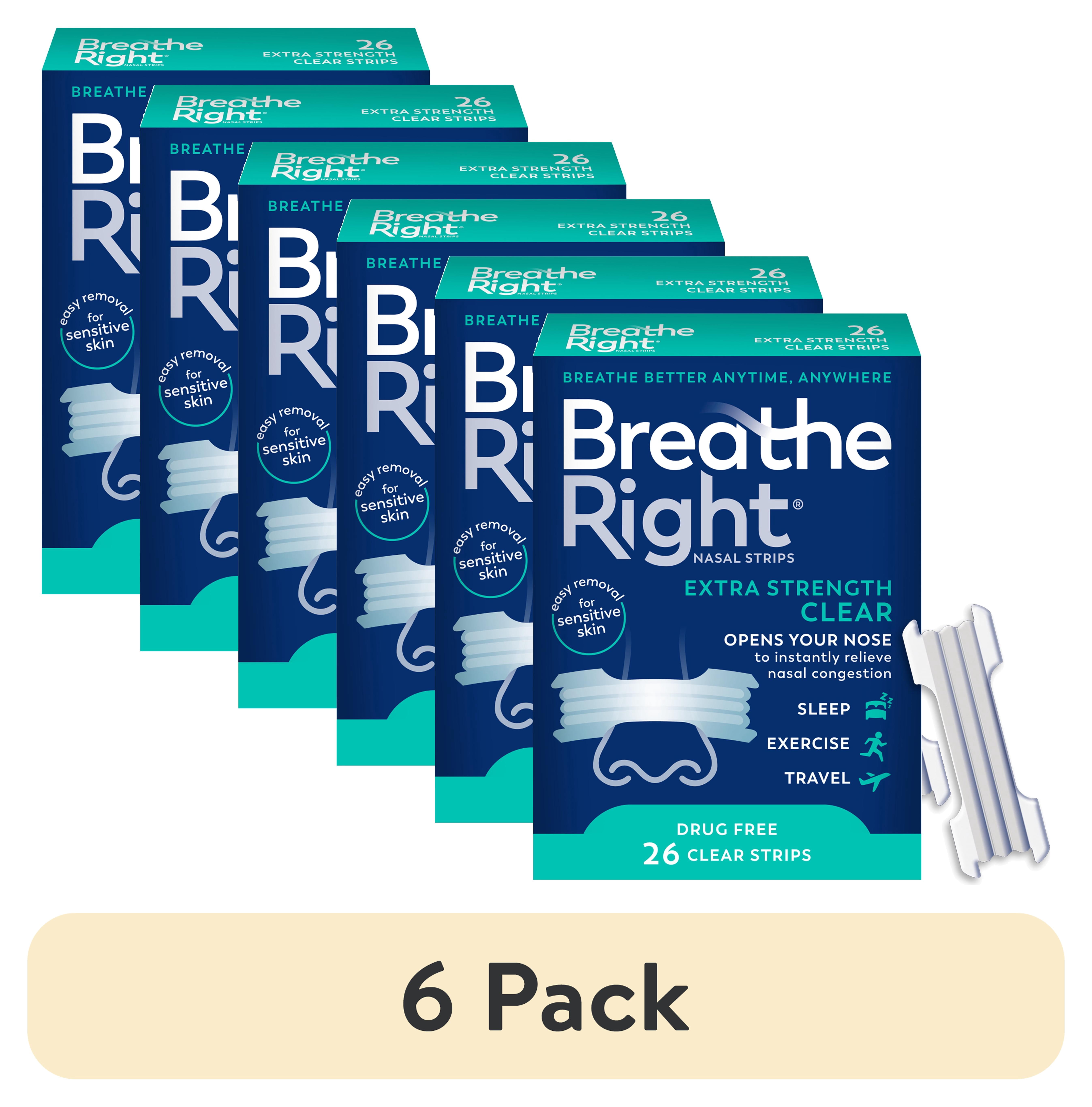 (6 pack) Breathe Right Nasal Strips, Clear Nasal Strips, Extra Strength, For Sensitive Skin, 26 Count
