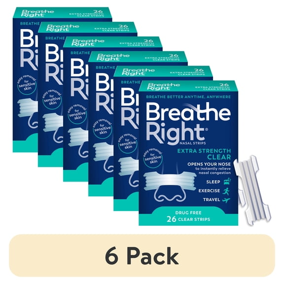 (6 pack) Breathe Right Nasal Strips, Clear Nasal Strips, Extra Strength, For Sensitive Skin, 26 Count